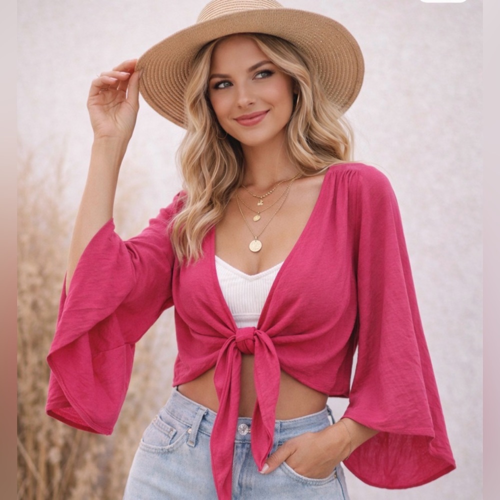 NWT Eesome Hot Pink Tie-Front Bell Sleeve Top Festival Boho Top Medium
